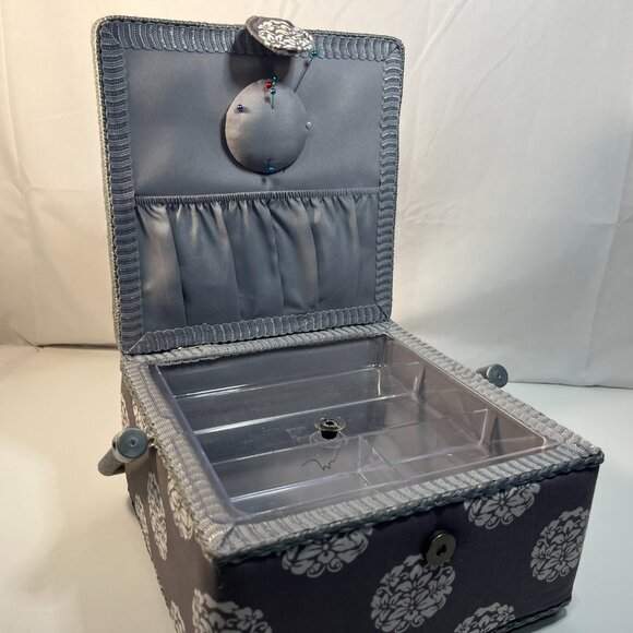 Sewing Box Basket Square Gray Pink Floral Padded Snap Closure Plastic Insert - Picture 3 of 10